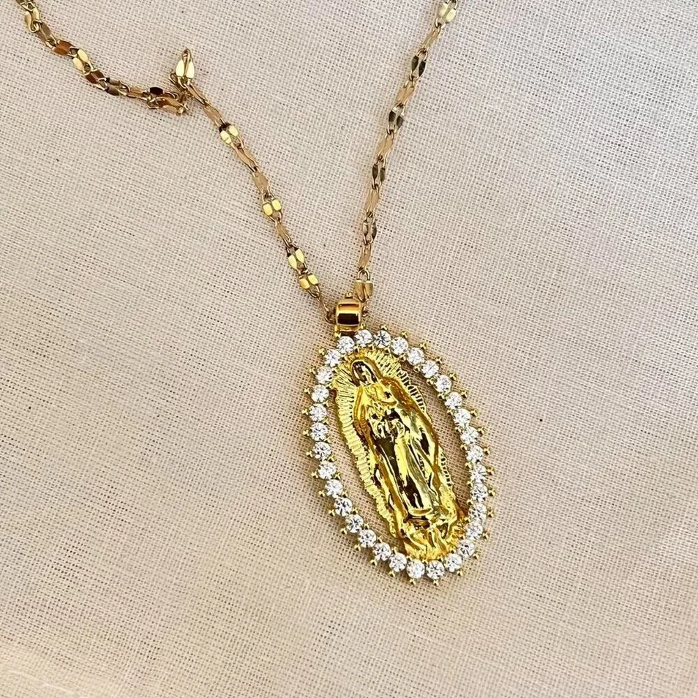 vintage style virgin mary grunge rhinestone gold cross pendant necklace